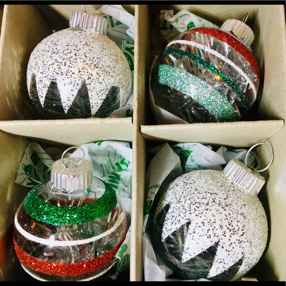 12 Christmas Radko Clear Glass Ball Ornaments Tinsel & Snow Glitter Stripes - Picture 5 of 9